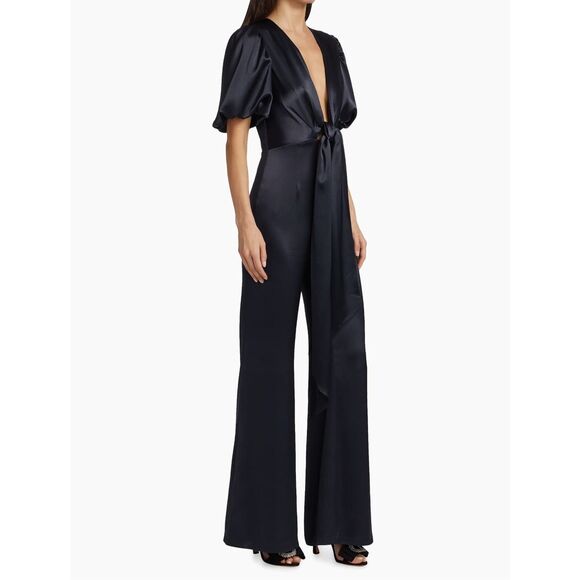 NWT Galvan London Plunge Eden Tie Waist Satin Wide leg Jumpsuit Midnight $1725 - Picture 2 of 10